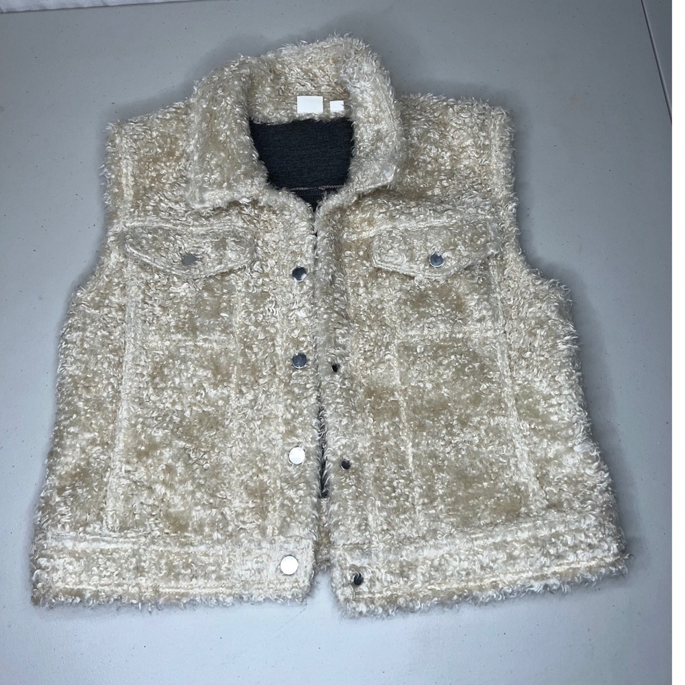 GAP Womens Sherpa Denim Vest Cream Beige Button Front Pockets Size M‎